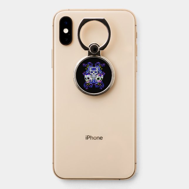 Triple Skull Blue Floral Sugar Skulls Phone Ring Stand (On Phone)