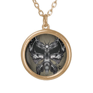 Triple skull butterfly gold plated necklace