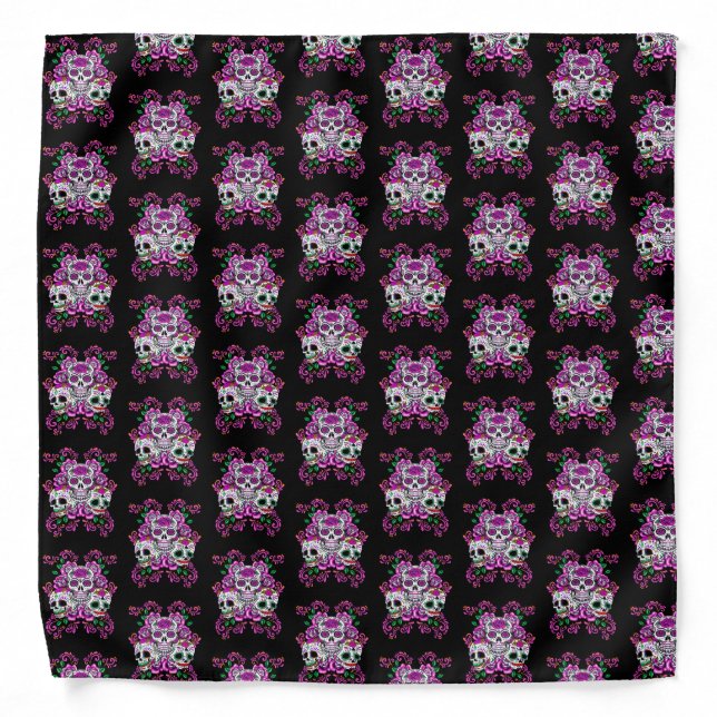 Triple Skull Pink Floral Sugar Skulls Bandana (Front)