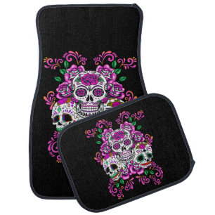 Triple Skull Pink Floral Sugar Skulls Car Floor Mat
