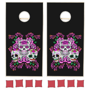 Triple Skull Pink Floral Sugar Skulls Cornhole Set