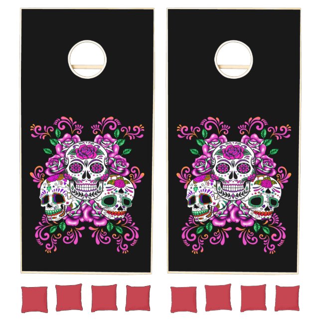 Triple Skull Pink Floral Sugar Skulls Cornhole Set (Set)