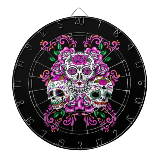 Triple Skull Pink Floral Sugar Skulls Dart Board (Front)