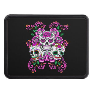Triple Skull Pink Floral Sugar Skulls Hitch Cover