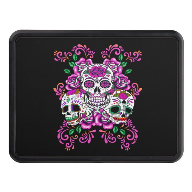 Triple Skull Pink Floral Sugar Skulls Hitch Cover (Front)