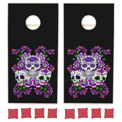 Triple Skull Purple Floral Sugar Skulls Cornhole Set