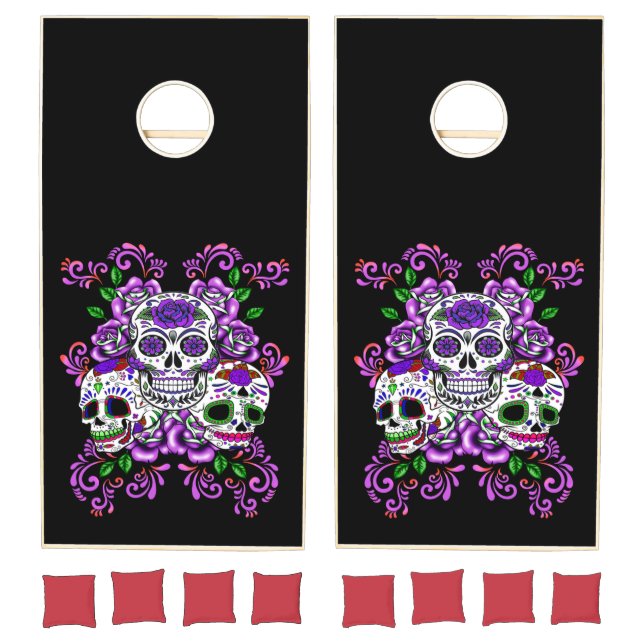 Triple Skull Purple Floral Sugar Skulls Cornhole Set (Set)