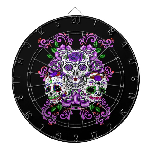 Triple Skull Purple Floral Sugar Skulls Dart Board (Front)