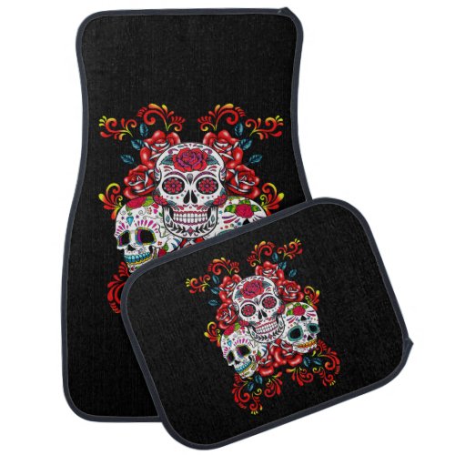 Triple Skull Red Floral Sugar Skulls Car Floor Mat
