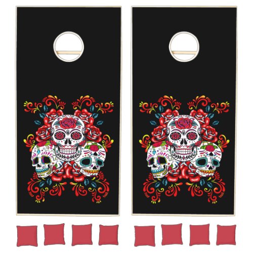 Triple Skull Red Floral Sugar Skulls Cornhole Set