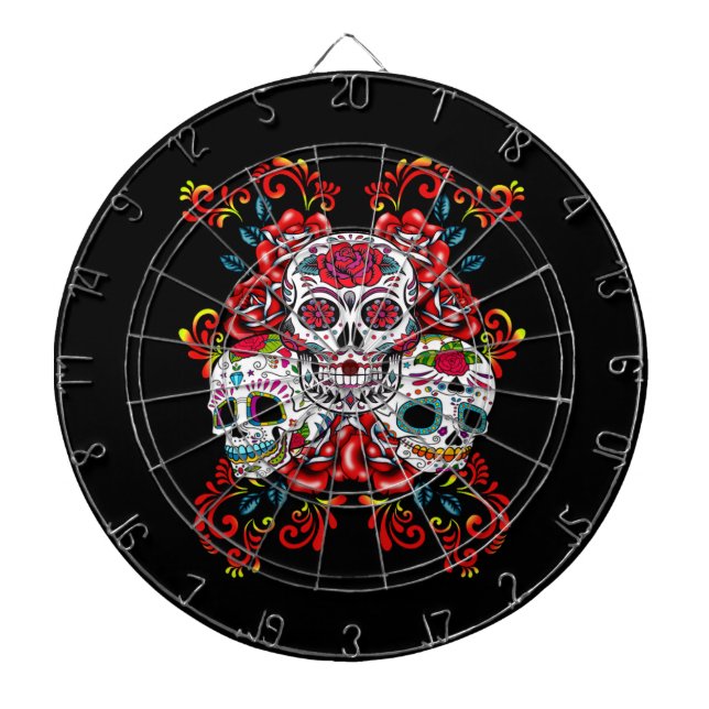 Triple Skull Red Floral Sugar Skulls Dart Board (Front)