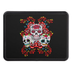 Triple Skull Red Floral Sugar Skulls Hitch Cover