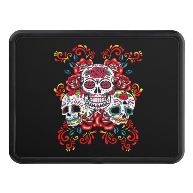 Triple Skull Red Floral Sugar Skulls Hitch Cover (Front)