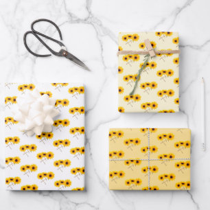 Triple Sunflower Pattern Over White Yellow Orange Wrapping Paper Sheets