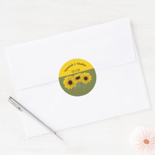 Triple Sunflower Photo Event Name Date Template Classic Round Sticker