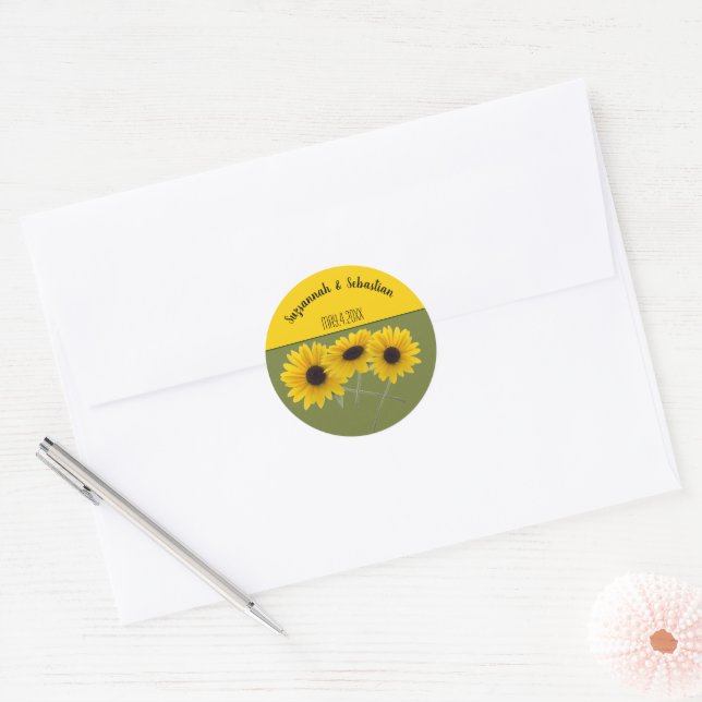 Triple Sunflower Photo Event Name Date Template Classic Round Sticker (Envelope)