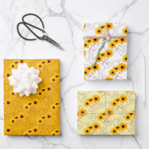 Triple Sunflower Photograph Heart Pattern Wrapping Paper Sheets