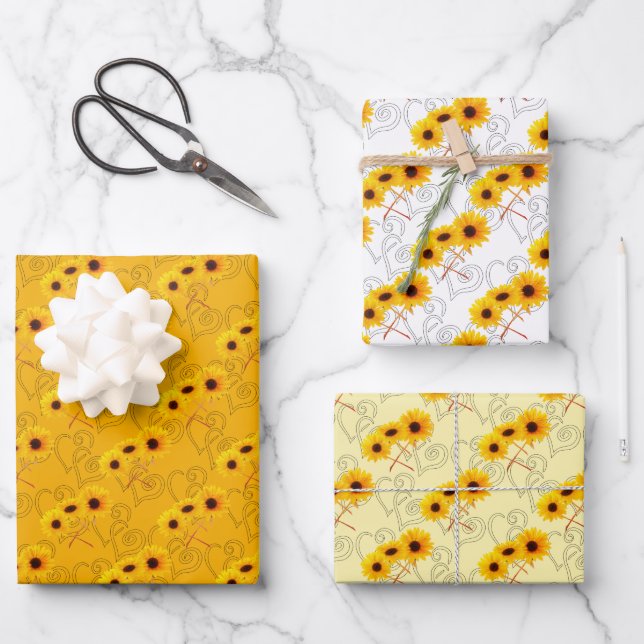 Triple Sunflower Photograph Heart Pattern Wrapping Paper Sheets (Front)