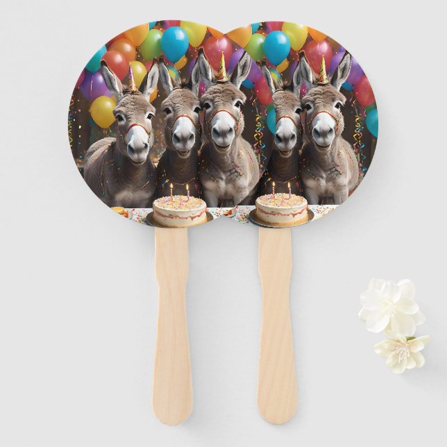 Triple the Joy: A Donkey Triplets' Birthday Bash Hand Fan (Front and Back)
