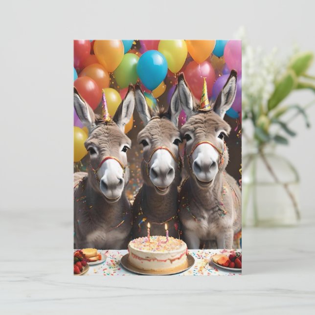 Triple the Joy: A Donkey Triplets' Birthday Bash Invitation (Standing Front)