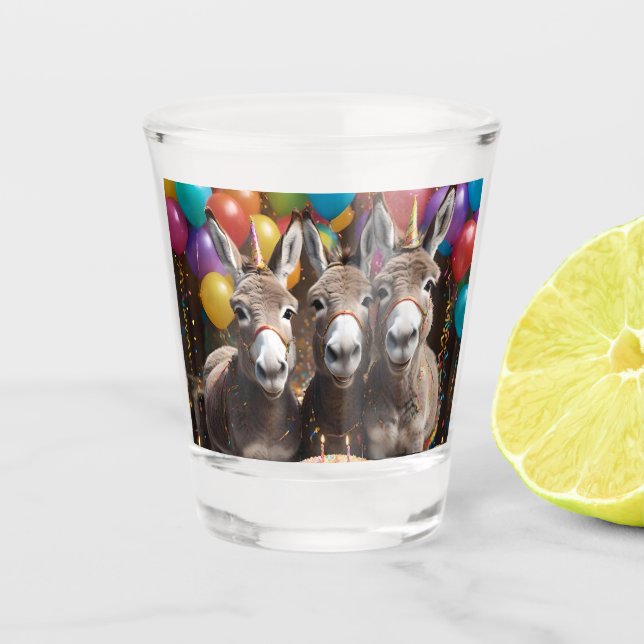 Triple the Joy: A Donkey Triplets' Birthday Bash Shot Glass (Front)