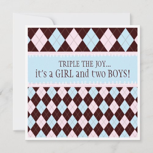 Triple the Joy Argyle Boy Girl Triplet Baby Shower Personalized Invitation