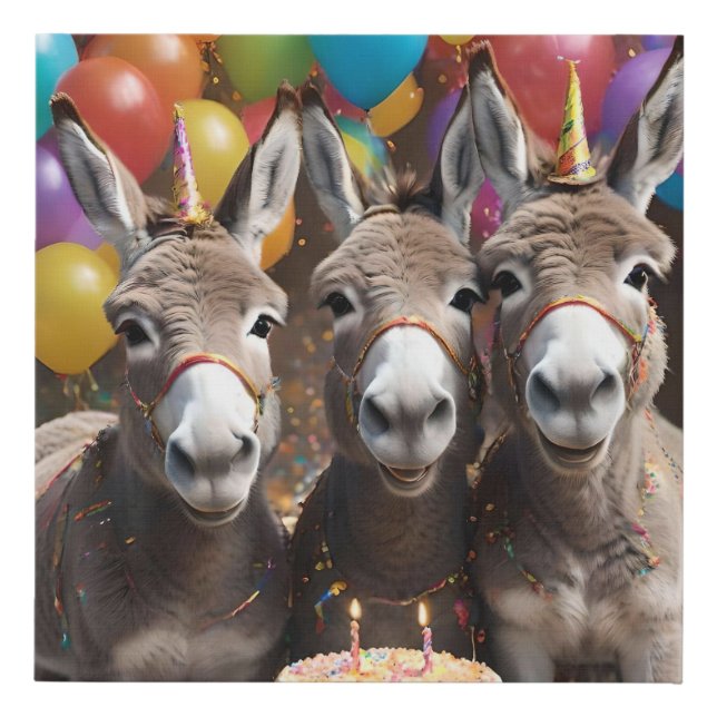 Triple the Joy:  Donkey Triplets' Birthday Bash Faux Canvas Print (Front)