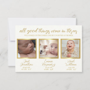 Triplet babies birth announcement three  Card