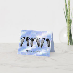 triplet baby footprints on blue gingham letterpress thank you card