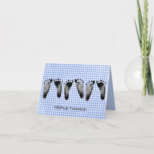 triplet baby footprints on blue gingham thank you card