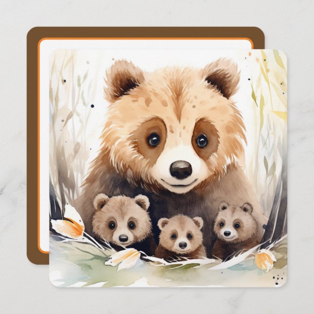 Triplet Baby Shower Mama Bear and Cubs  Invitation (Front/Back)