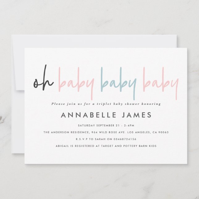 Triplet baby shower pink blue modern typography  i announcement (Front)