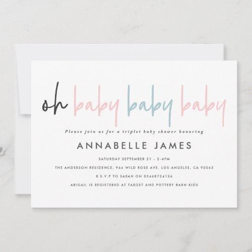 Triplet baby shower pink blue modern typography  i announcement