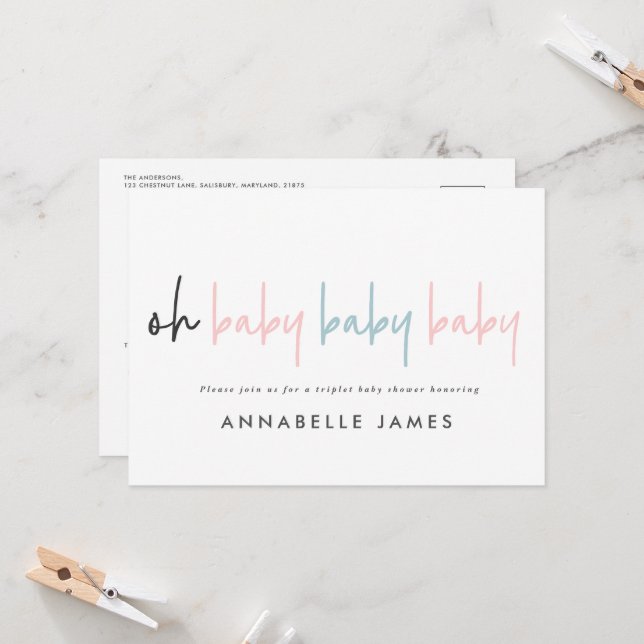 Triplet baby shower pink blue modern typography  invitation (Front/Back In Situ)