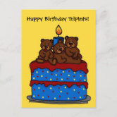 triplet bears on birthday cake card | Zazzle