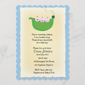 Triplet Boy 'peas In A Pod' Baby Shower Invite by Cards_by_Cathy at Zazzle