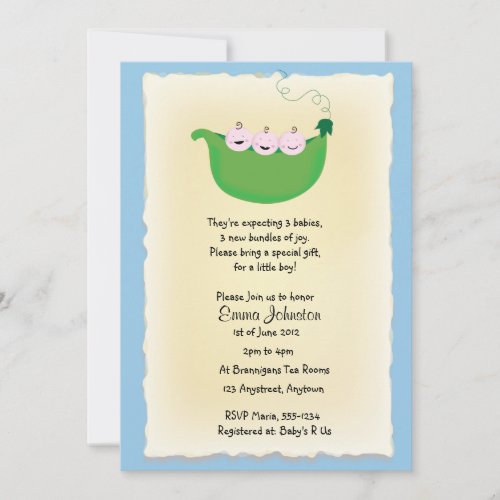 Triplet boy 'Peas in a Pod' baby shower invite