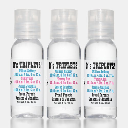 Triplet Boys and Girl Pink Blue Birth Stats Hand Sanitizer