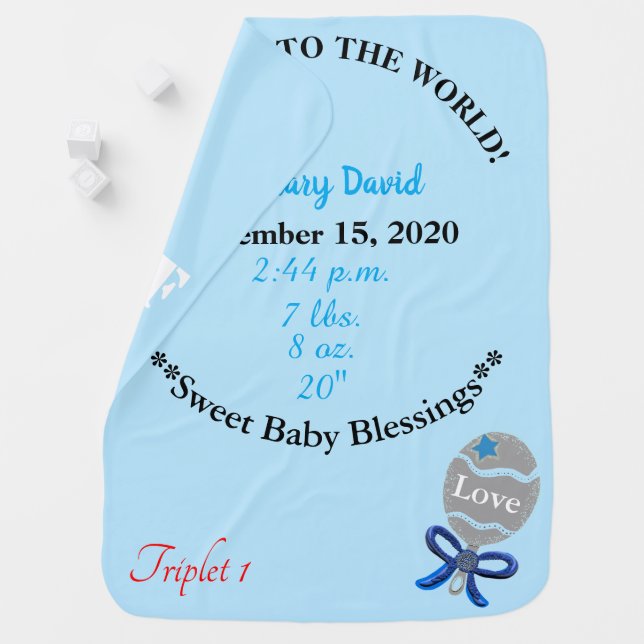 Triplet Boys Birth Stats Blue Rattle Blanket (In Situ)