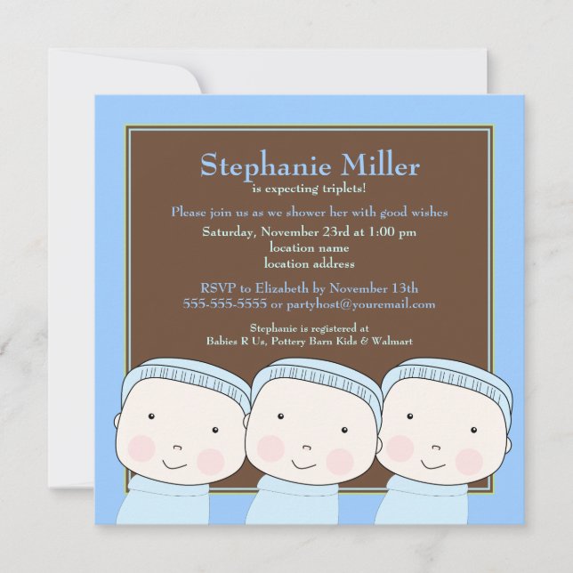 Triplet Boys Blue 3 Baby Shower Invitation (Front)
