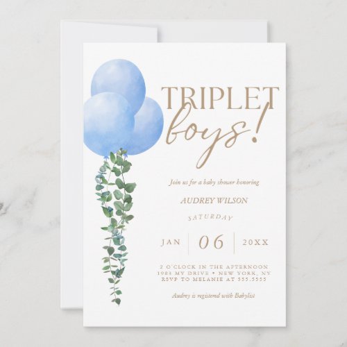 Triplet Boys Blue Balloon Baby Boys Shower Invitation