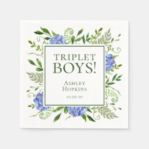 Triplet Boys Blue Hydrangeas Baby Shower Napkins