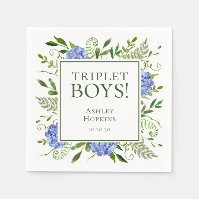 Triplet Boys Blue Hydrangeas Baby Shower Napkins (Front)