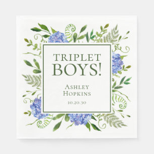 Triplet Boys Blue Hydrangeas Baby Shower Napkins