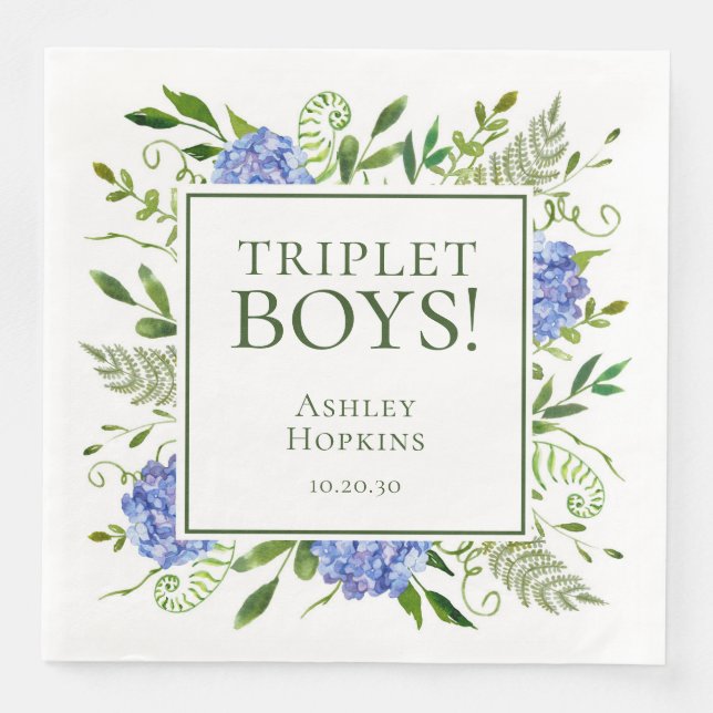 Triplet Boys Blue Hydrangeas Baby Shower Paper Dinner Napkins (Front)