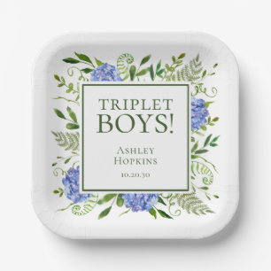 Triplet Boys Blue Hydrangeas Baby Shower Paper Plates