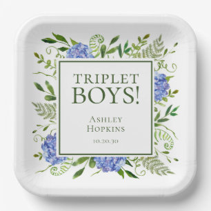 Triplet Boys Blue Hydrangeas Baby Shower Paper Plates