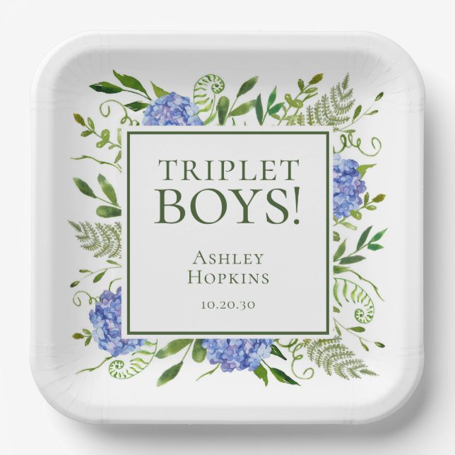 Triplet Boys Blue Hydrangeas Baby Shower Paper Plates (Front)