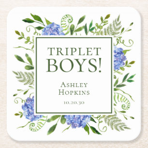 Triplet Boys Blue Hydrangeas Baby Shower Square Paper Coaster
