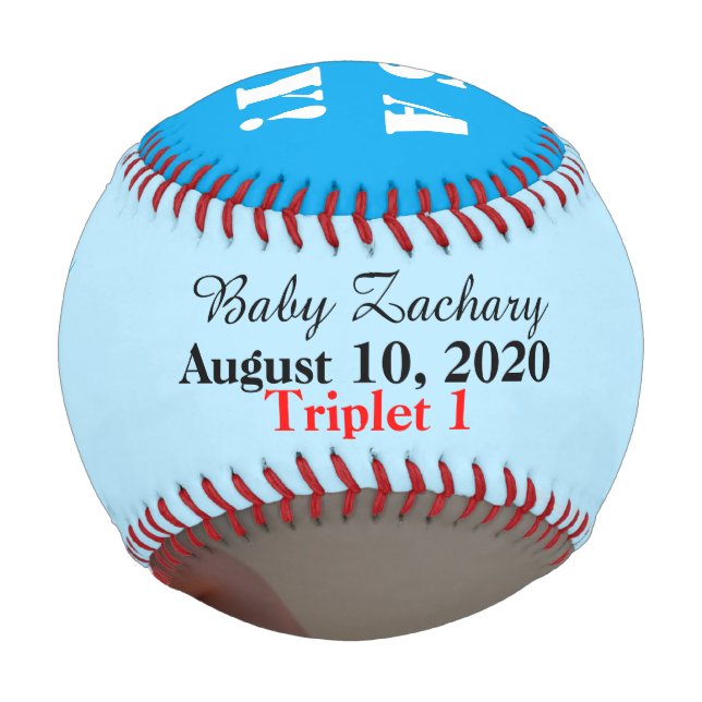 Triplet Boys Photo Birth Stats Blue Baseball (Front)